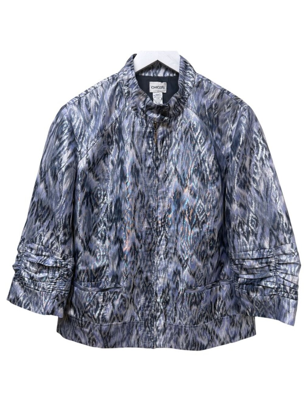 Chicos Metallic Evening Jacket Large (Chicos 2) Zip Front Blue Silver Ikat Women